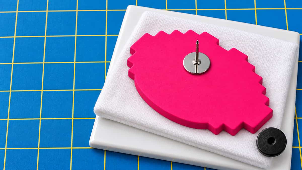 A pink stepped pixel-lips brooch lying face-down on a folded white cloth on a white tile, with a silver tie-tack pad on the upper part of its flat back and the post pointing up, and a black clutch on the tile beside it, all on a blue mat with a yellow grid.