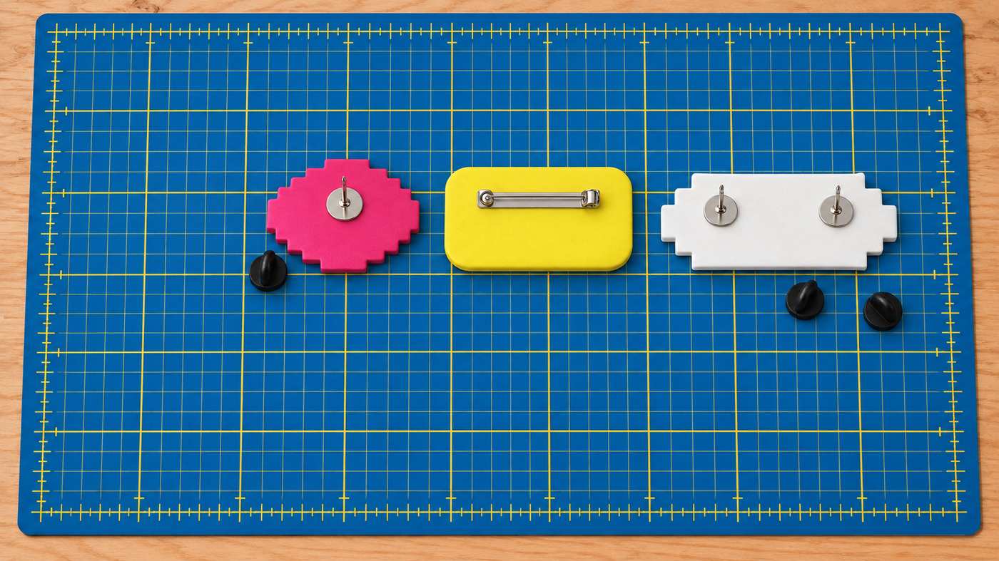 Three polymer clay brooches face down on a blue cutting mat: a pink one with a tie-tack pin and its black clutch, a yellow one with a bar pin across the top third, and a wide white one with two tie-tacks at the same height.