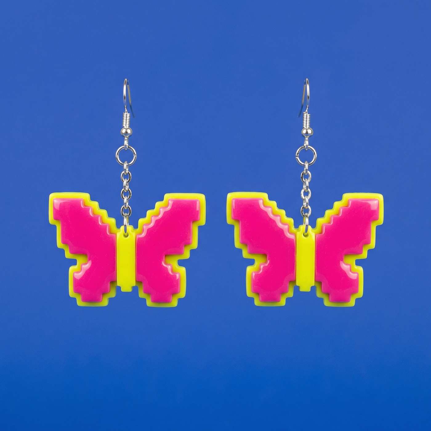 Pink & Yellow Pixel Butterfly Drop Dangle Earrings