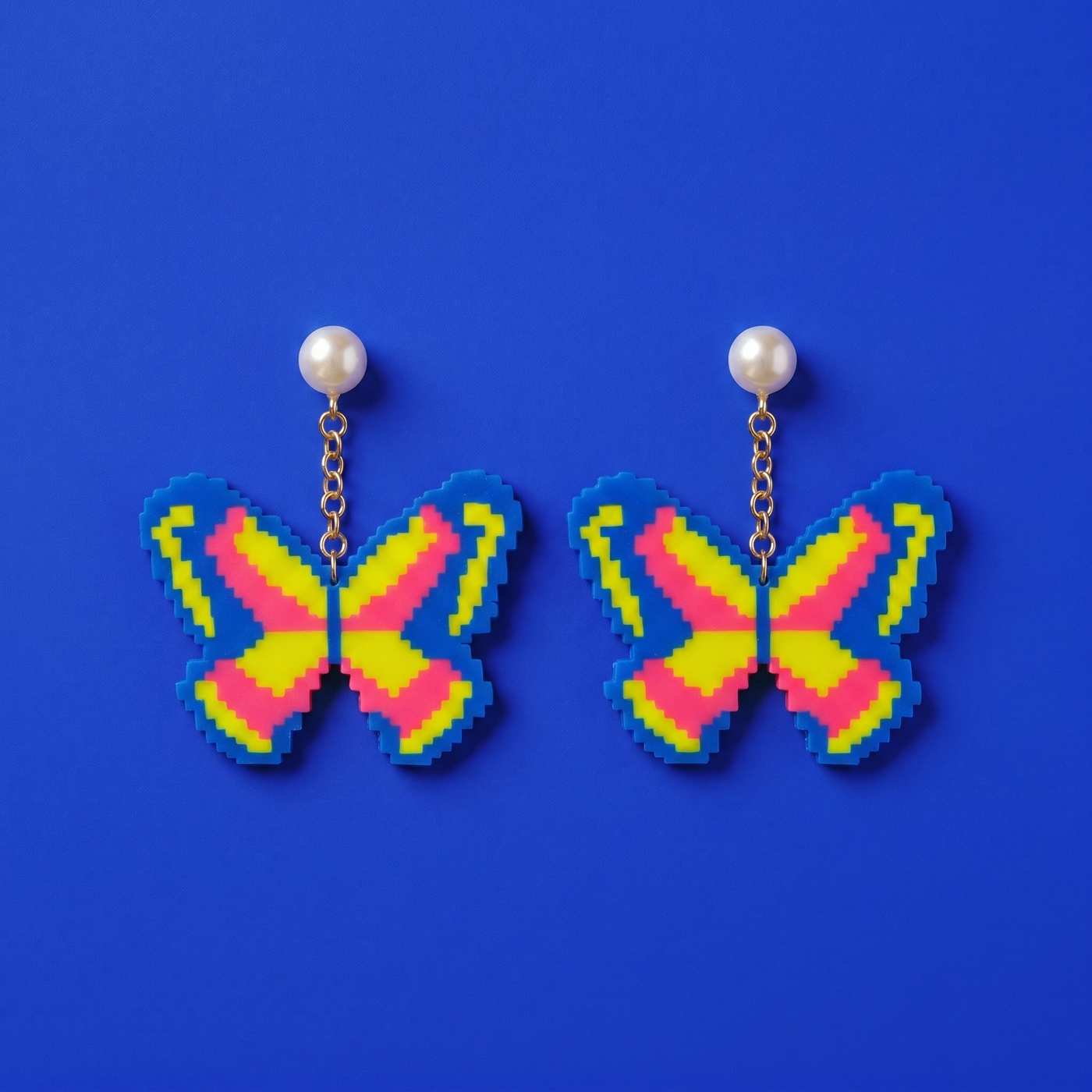Blue, Yellow & Pink Pixel Butterfly Pearl Drop Earrings