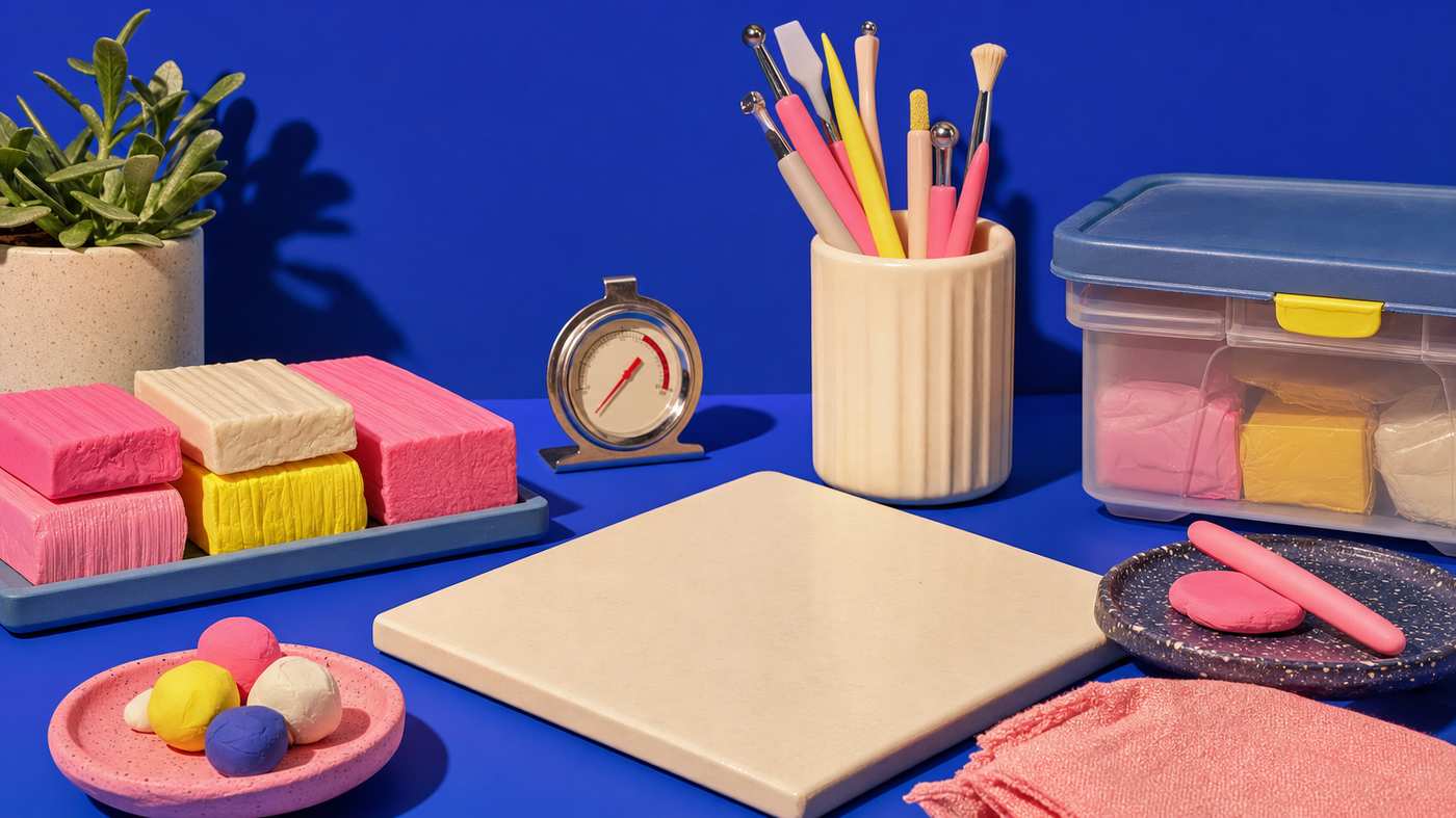 Polymer clay reference guide spread with tools and finished pieces