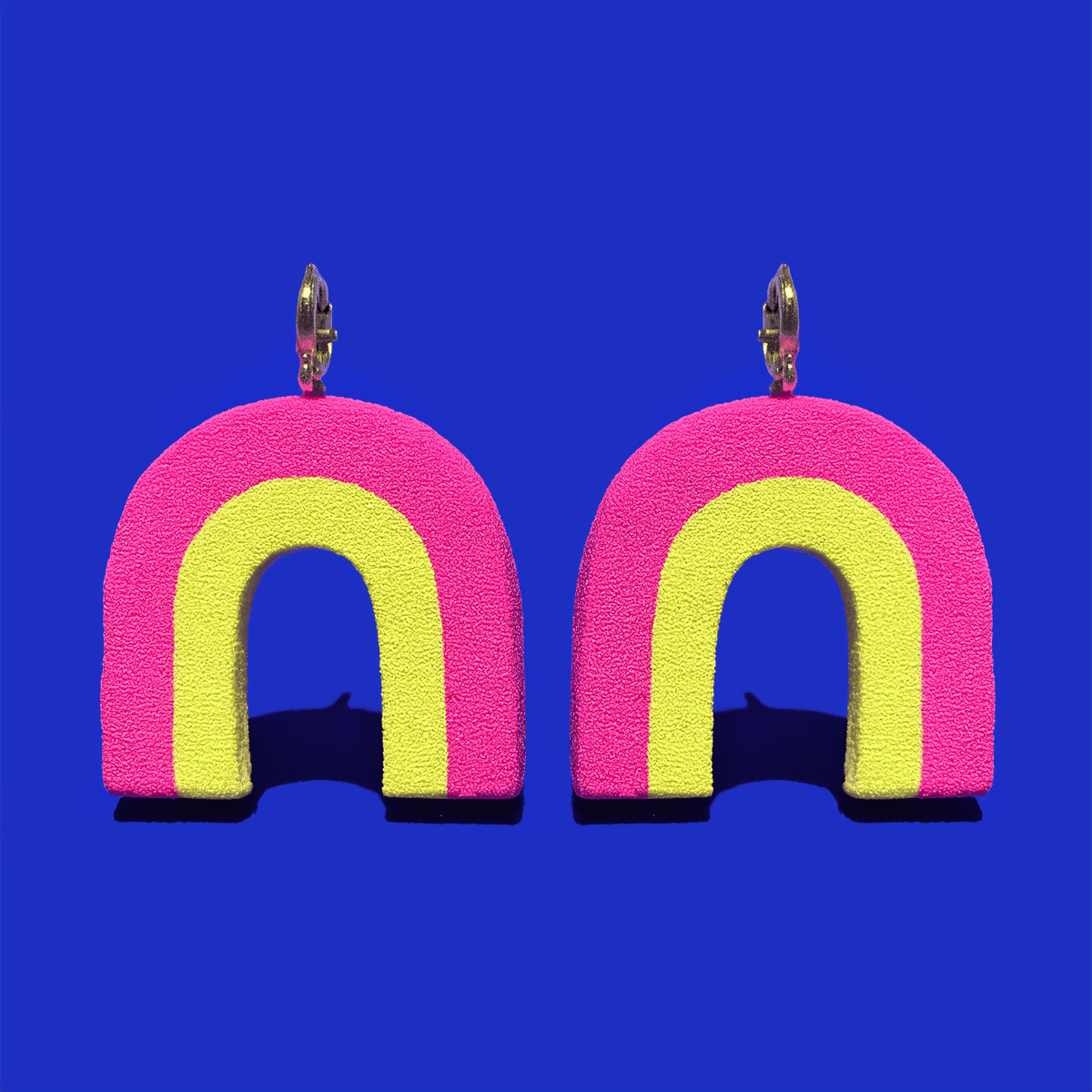Hot Pink & Yellow Textured Arch Hoop Earrings