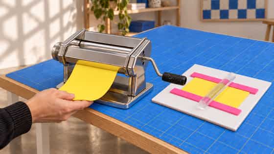A chrome pasta machine with its crank on the right rolling a yellow polymer clay sheet, beside a yellow slab between two separate pink 3 mm guide rails with a clear acrylic roller resting across them.
