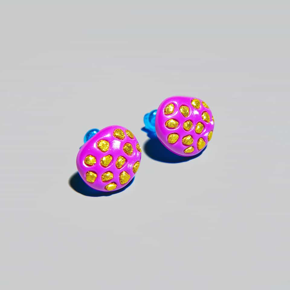 Magenta Dome Studs with Gold Glitter Inlay Earrings