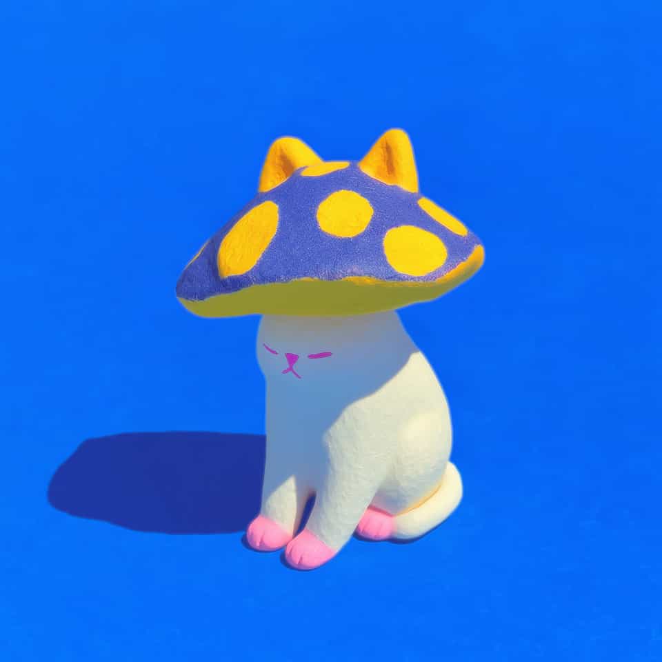 Blue Spotted Mushroom Cap Cat Desk Buddy Figurine
