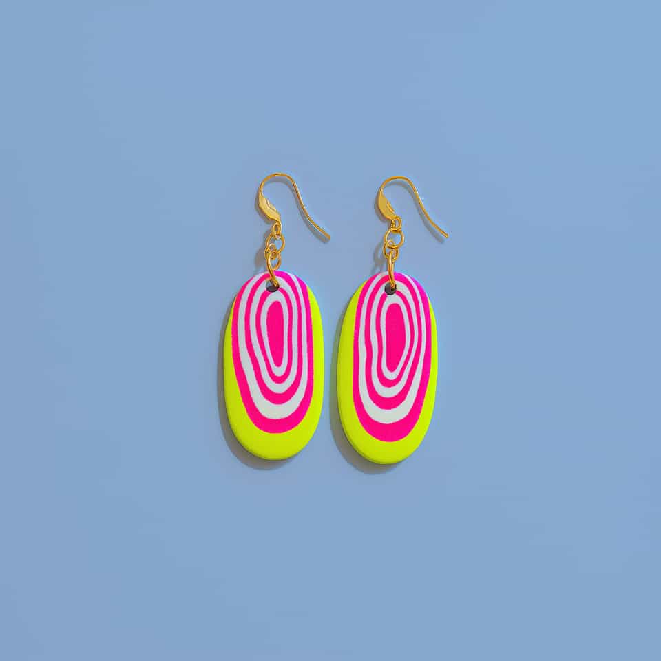 Neon Bullseye Cane Oval Dangle Earrings