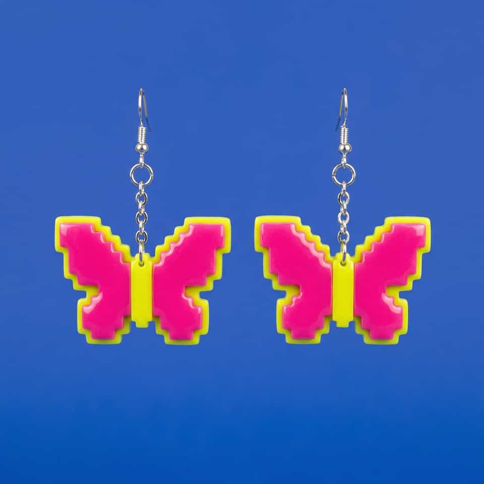 Pink & Yellow Pixel Butterfly Drop Dangle Earrings