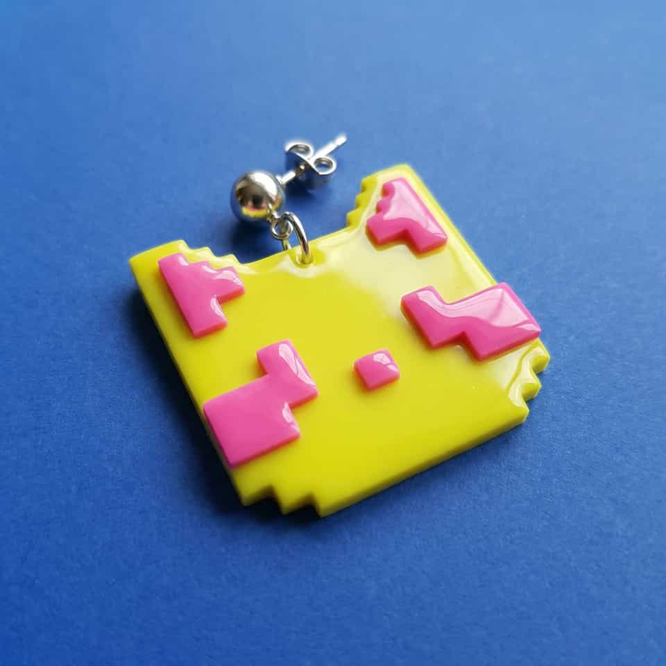 Yellow & Pink Pixel Cat Tile Dangle Earrings