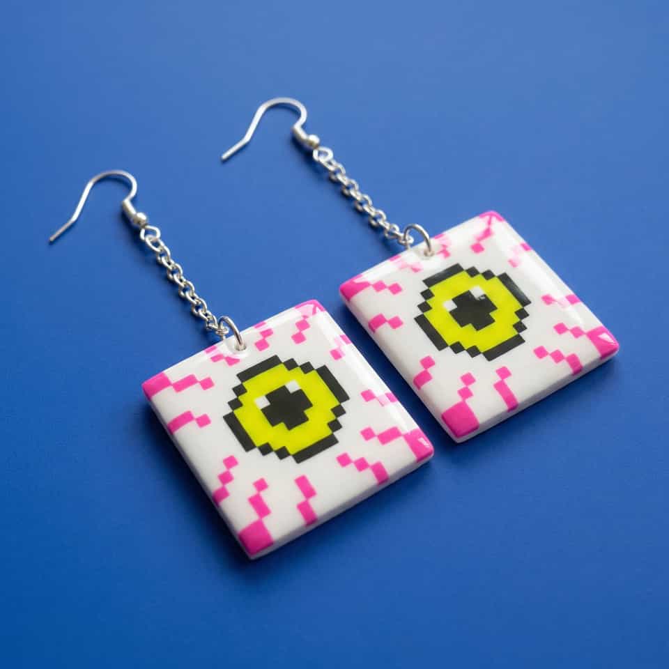 White Pixel Eyeball Tile Dangle Earrings
