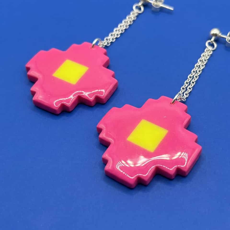 Hot Pink Pixel Flower Double Chain Dangle Earrings
