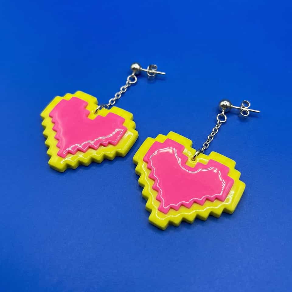 Pink & Yellow Pixel Heart Chain Dangle Earrings