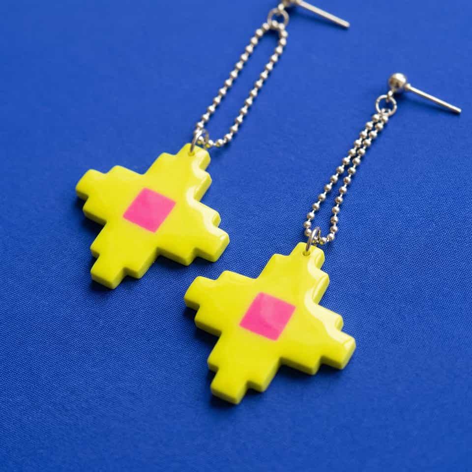 Yellow & Pink Pixel Star Bead Chain Dangle Earrings