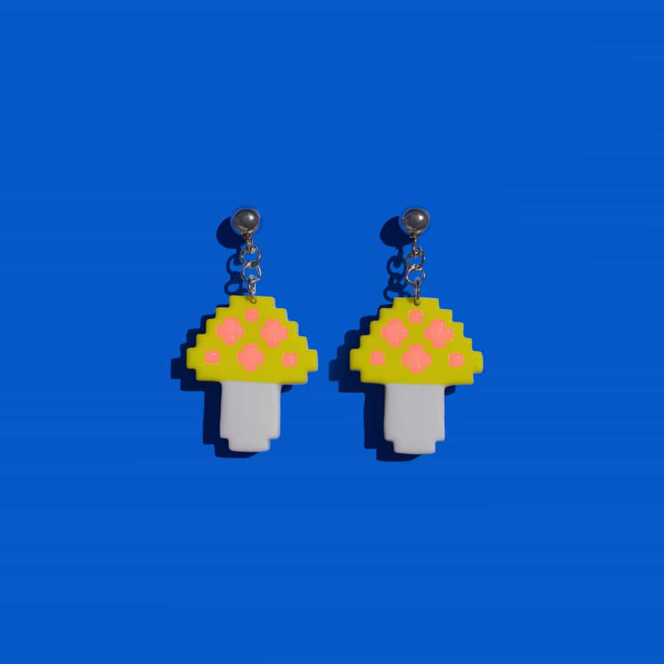 Yellow Pixel Mushroom Dangle Earrings
