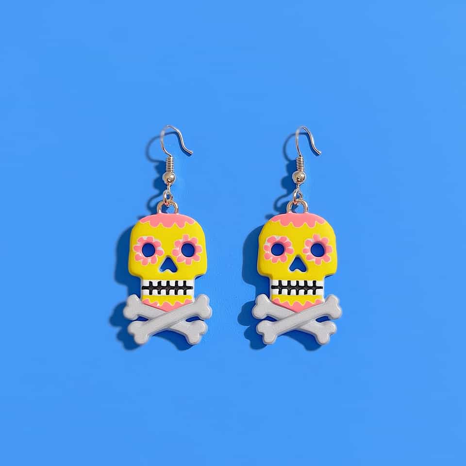 Yellow & Pink Sugar Skull Dangle Earrings