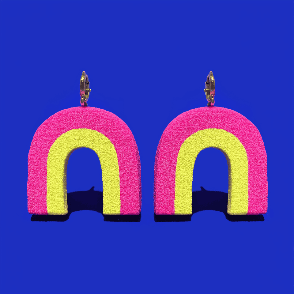 Hot Pink & Yellow Textured Arch Hoop Earrings