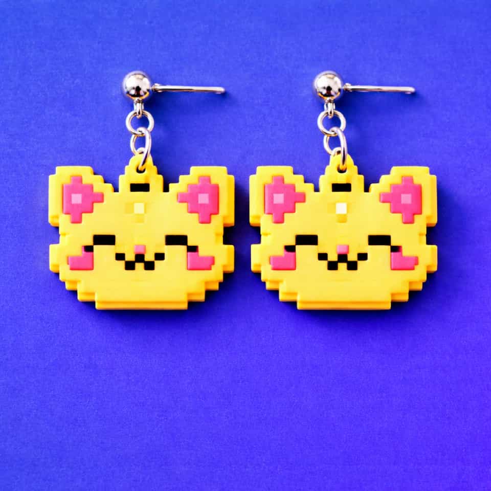 Yellow Pixel Cat Face Dangle Earrings