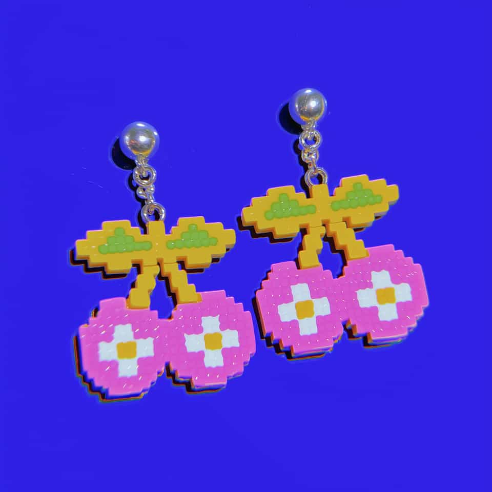 Pink Pixel Cherry Dangle Earrings