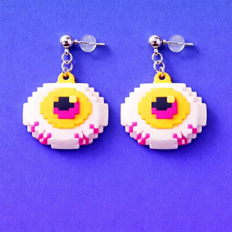 White Pixel Eyeball Statement Dangle Earrings