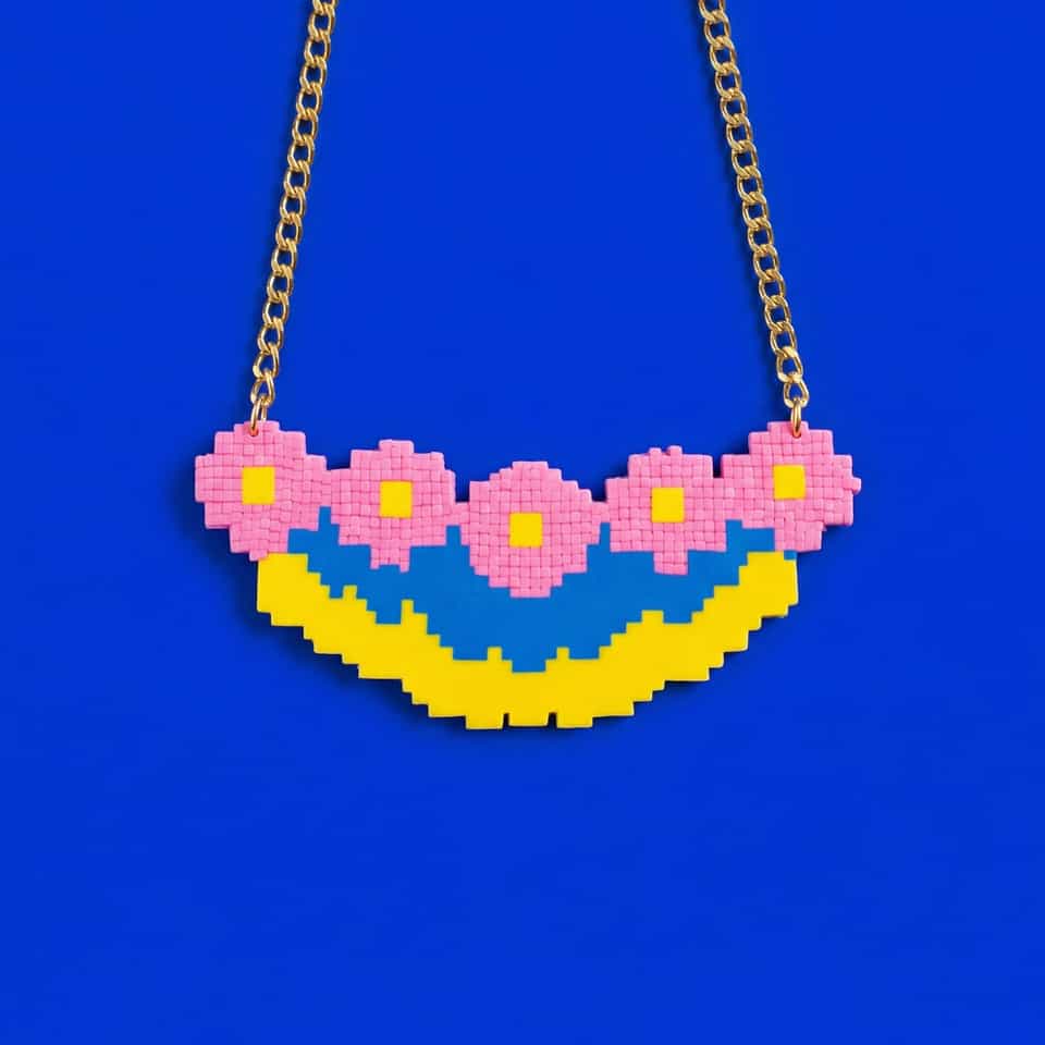 Pink Pixel Flower Bib Statement Necklace