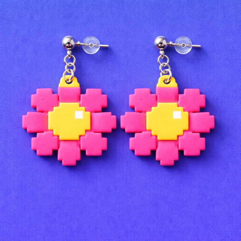 Hot Pink Pixel Flower Statement Dangle Earrings