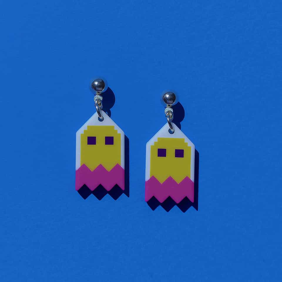 Yellow Pixel Ghost Dangle Earrings