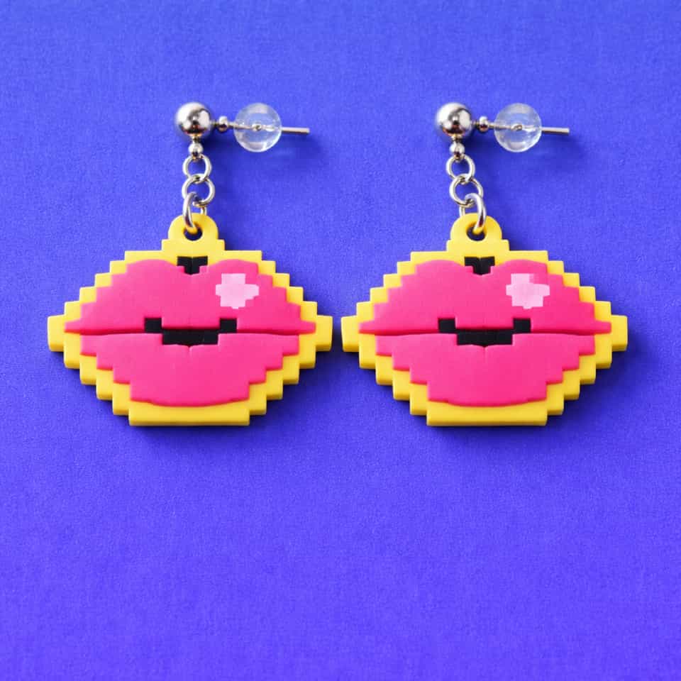 Hot Pink Pixel Lips Dangle Earrings