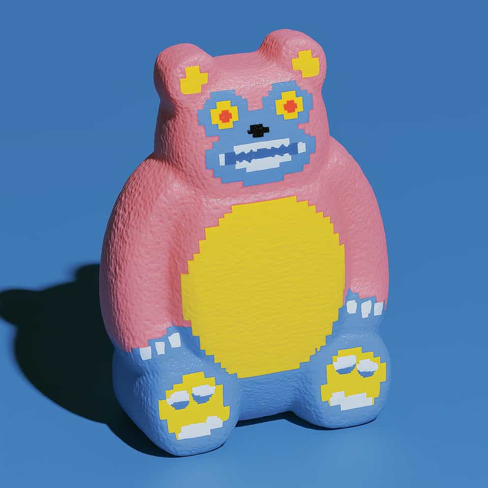 Textured Pink & Blue Pixel Bear Desk Buddy Figurine