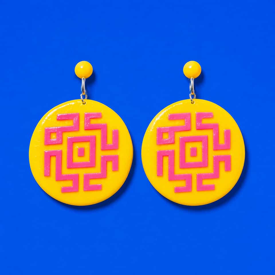 Yellow Maze Disc Dangle Earrings