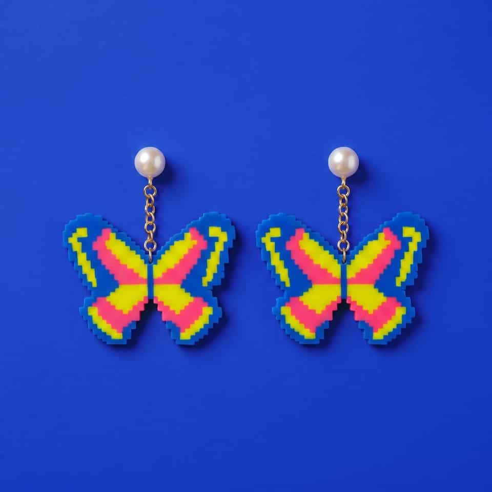 Blue, Yellow & Pink Pixel Butterfly Pearl Drop Earrings