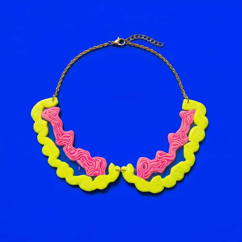 Polymer Clay Acid Yellow & Hot Pink Relief Scallop Collar Necklace. Slab cutting necklace with a satin finish. Extrude thin yellow and pink strands into looping topographic relief…
