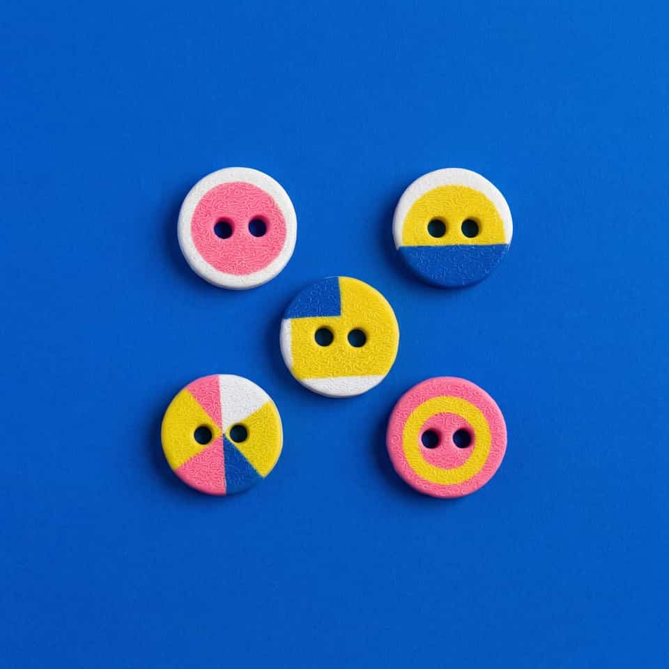 Polymer Clay Bauhaus Color-Block Button Set. Button made with slab cutting with a matte sealant finish. Make five matte Bauhaus polymer clay buttons three ways: hand-applied cut s…