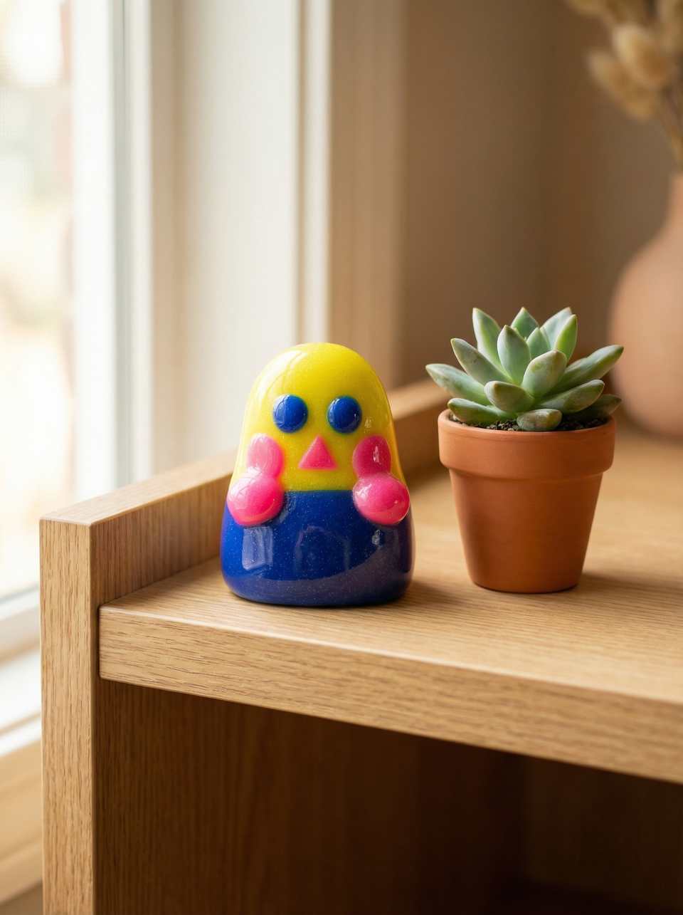 Polymer Clay Glittery Yellow & Navy Blob Desk Buddy Figurine shown in styled display context with object size and surface texture visible. Sculpting figurine with a gloss sealant…