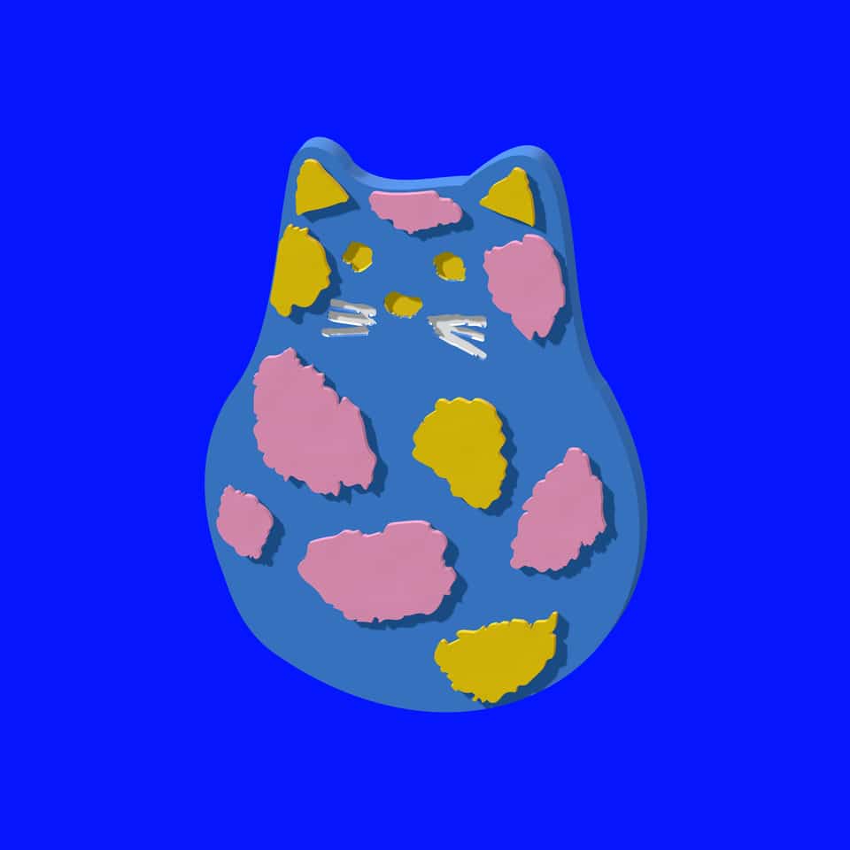 A flat cobalt-blue cat with pink and yellow spots, yellow inner ears and a painted face, made as cat jewellery, magnets or wall art.