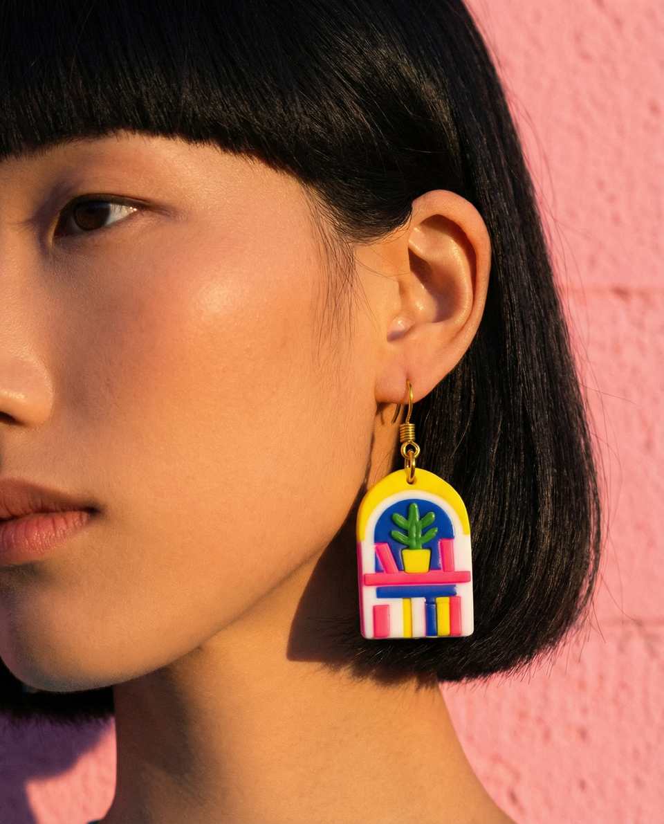 Polymer Clay Bookshelf Arch Statement Dangle Earrings shown in styled wear context with size, drape, and hardware visible. Surface applique earrings with a light gloss finish.