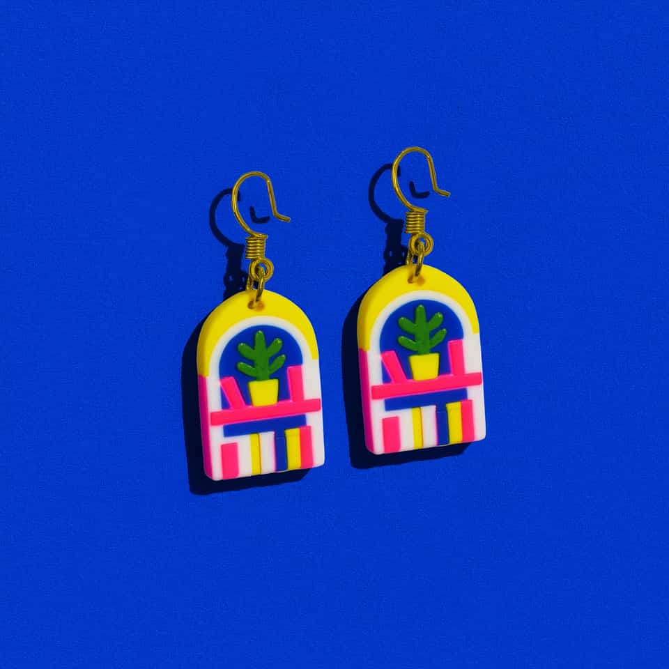 Polymer Clay Bookshelf Arch Statement Dangle Earrings. Surface applique earrings with a light gloss finish. Build these as flat arch plaques with a layered bookshelf scene, not a…