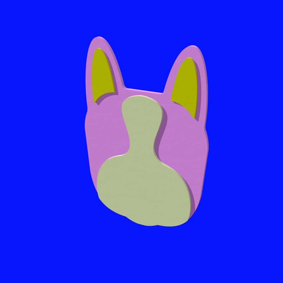 The muzzle panel and both inner ears placed on the head.