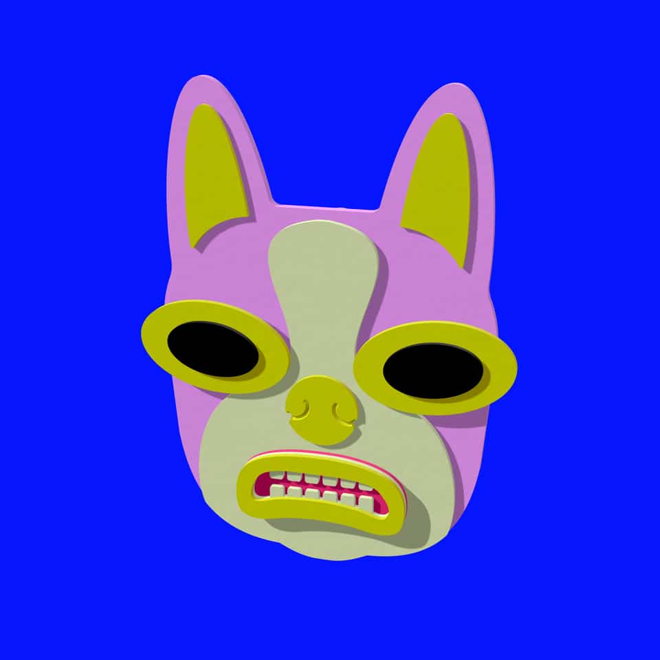 A chunky Boston Terrier face in stacked polymer clay: an orchid pink head, a cream muzzle, acid yellow ears, eyes, nose and mouth ring, black inner eyes and a red-pink mouth. Made into wall art on a printed hanger, fridge magnets and matching 40 mm drop earrings.