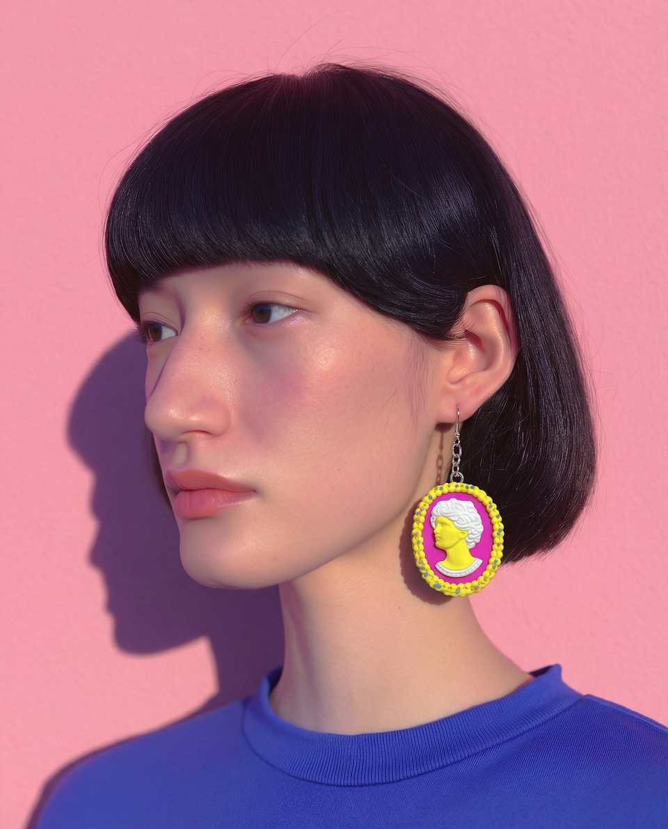Polymer Clay Neon Cameo Statement Dangle Earrings shown in styled wear context with size, drape, and hardware visible. Earrings made with sculpting with a gloss sealant finish.