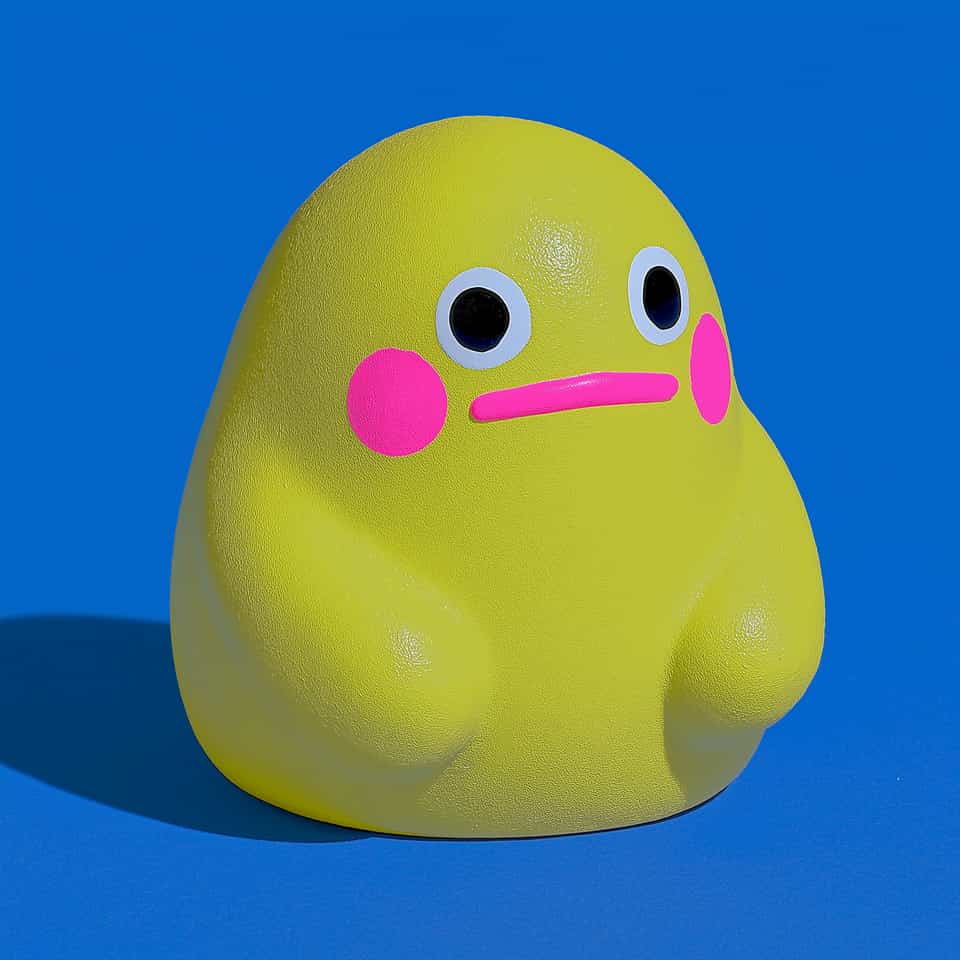 Acid-yellow polymer clay blob figurine on a blue background: a rounded egg shape with a fine grain, two arm nubs low on the front, round white eyes with big black pupils, round ho…
