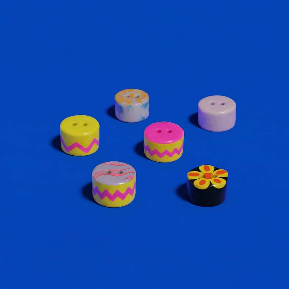 Polymer Clay Mixed Pattern Drum Buttons. Button made with surface effects with a gloss sealant finish. Drum-style button blanks read as one set when each shares diameter, height,…