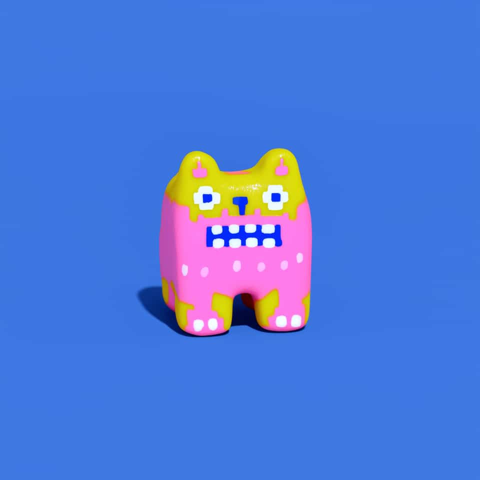 Chubby hot-pink polymer clay cat figurine, a rounded box on four stubby legs, with a yellow cap dripping in square pixel steps over the head and legs, white pixel eyes with blue p…