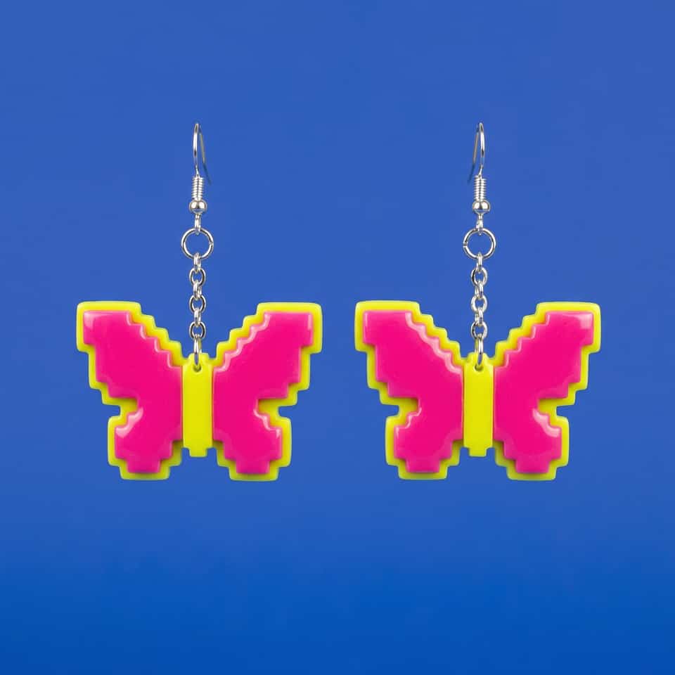 Pink Polymer Clay & Yellow Pixel Butterfly Drop Dangle Earrings. Pixel construction earrings with a gloss sealant finish. Make mirrored pixel butterfly drop earrings: hot-pink ste…