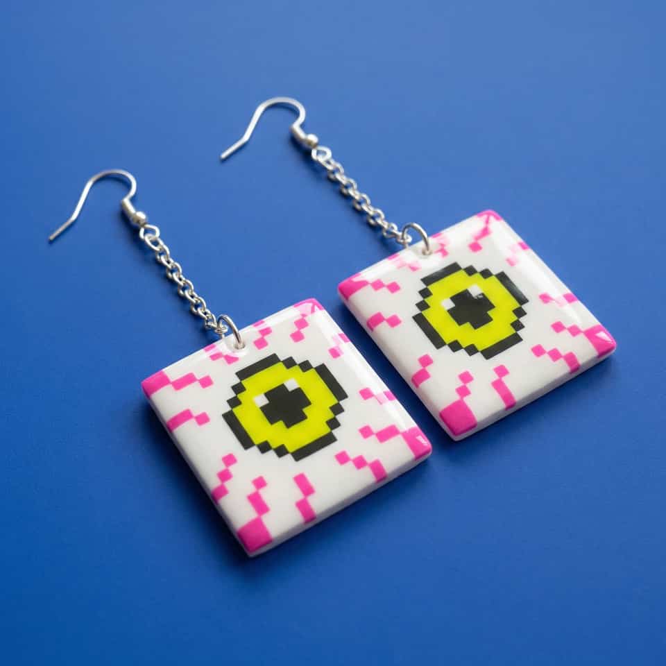 White Polymer Clay Pixel Eyeball Tile Dangle Earrings. Handmade earrings using pixel construction, finished with gloss sealant finish. Build flat white pixel eye tile earrings: a…