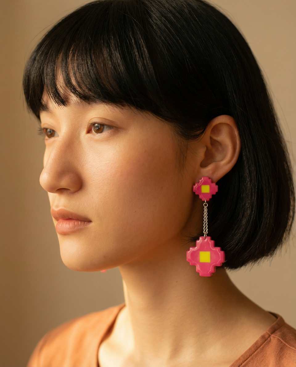 Hot Pink Polymer Clay Pixel Flower Double Chain Dangle Earrings shown in styled wear context with size, drape, and hardware visible. Pixel construction earrings with a gloss seala…