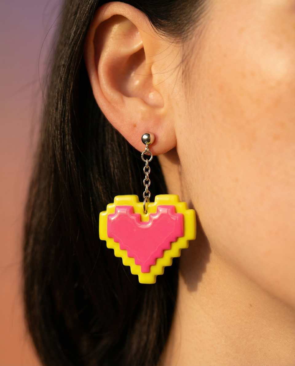 Pink Polymer Clay & Yellow Pixel Heart Chain Dangle Earrings shown in styled wear context with size, drape, and hardware visible. Earrings using pixel construction with a gloss se…