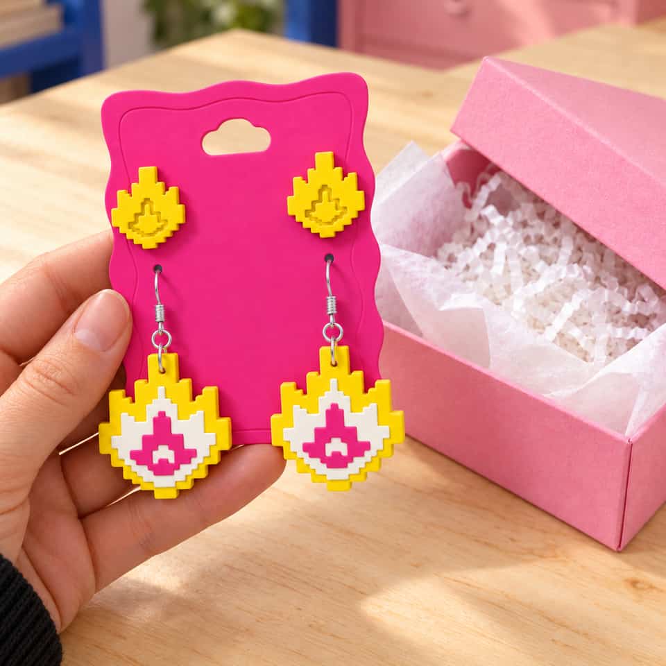 A maker with short natural nails holds a pink clay card with two earring pairs beside an open tissue-lined jewellery box on the studio worktable.