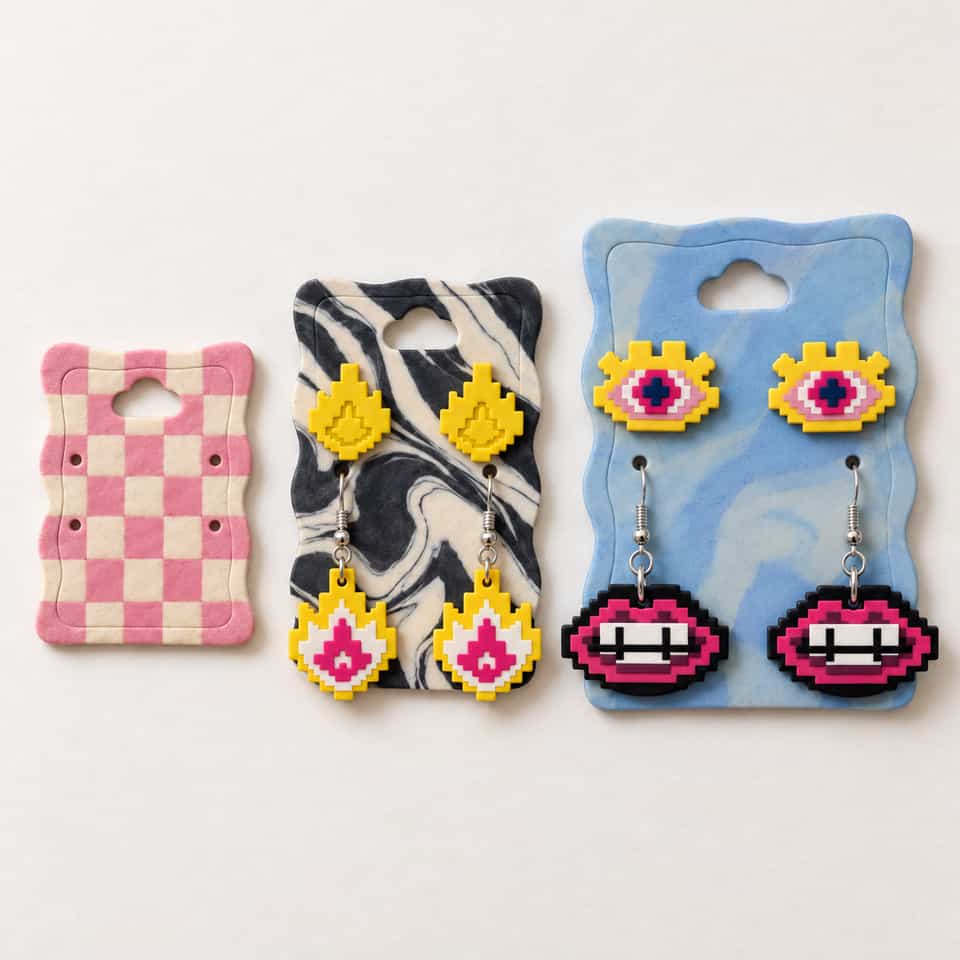 Overhead view of three clay earring cards: an empty pink and cream checker card, a black and cream nerikomi card with Flame earrings, and a blue marbled card with Eye studs and Lips drops.