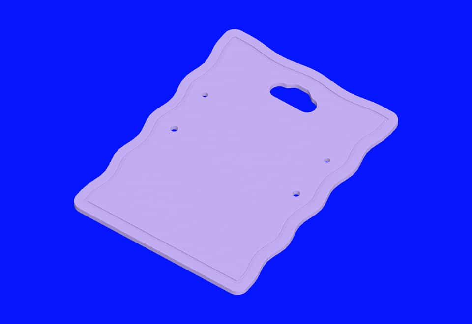 A plain lilac Large clay card before baking, with its hanger and four round holes open.