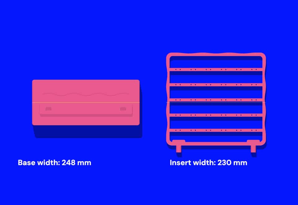 The base and insert laid flat, with their modelled widths.