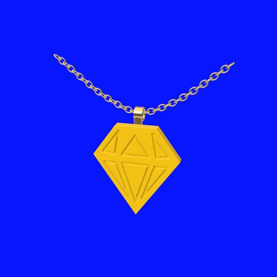A one-colour relief gem hanging from a bail glued to its flat back.